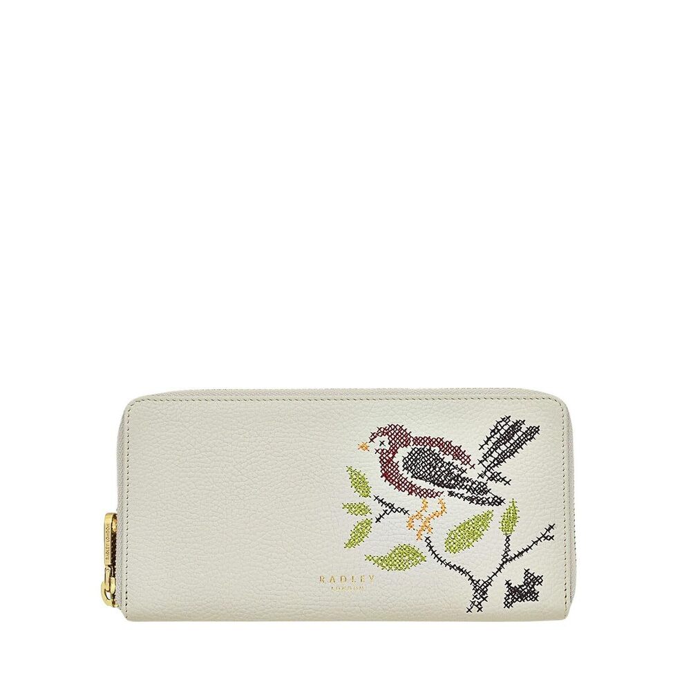 8919 London Embroidery Bird Large Zip-Around Continental Wallet, Open Gray